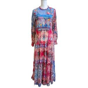 Johnny Was NWT Mazzy Ruffle Neck Maxi Dress Sz S Embroidered Long Slv Floral